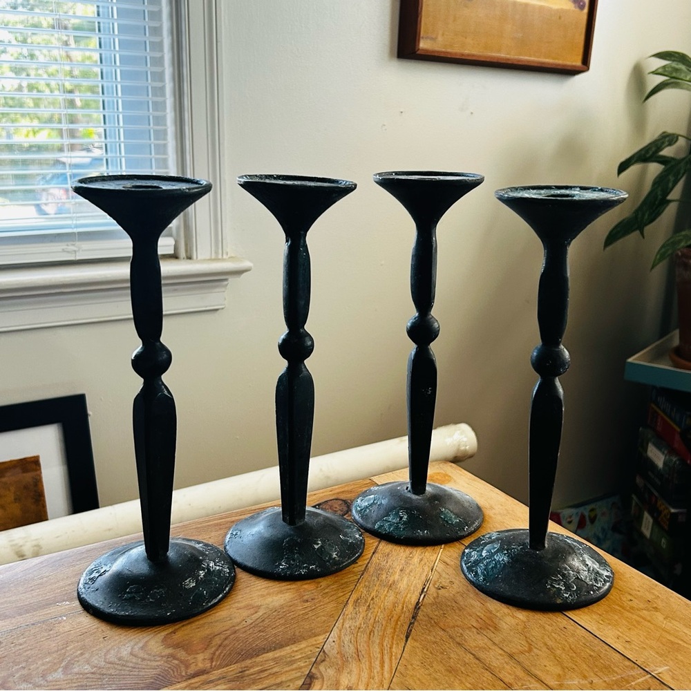 Vintage Primitive Solid Brass Black Heavy Candle Sticks Set of 4